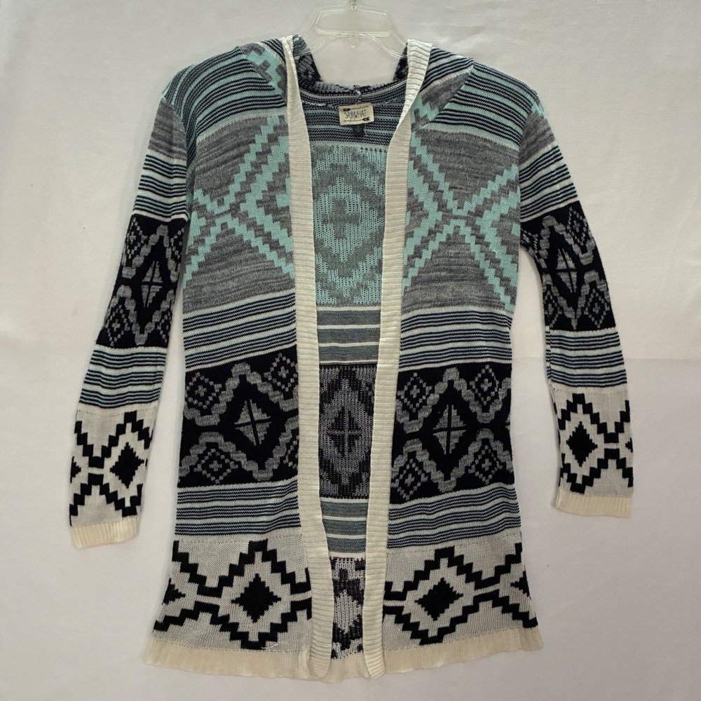Y2K Say What Hooded Cardigan Women XL Southwestern Aztec Boho Tribal Open Front